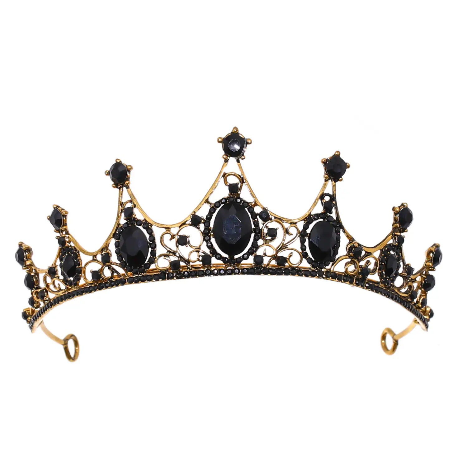 Elegant black and gold vintage baroque alloy tiara adorned with sparkling onyx stones and intricate filigree detailing