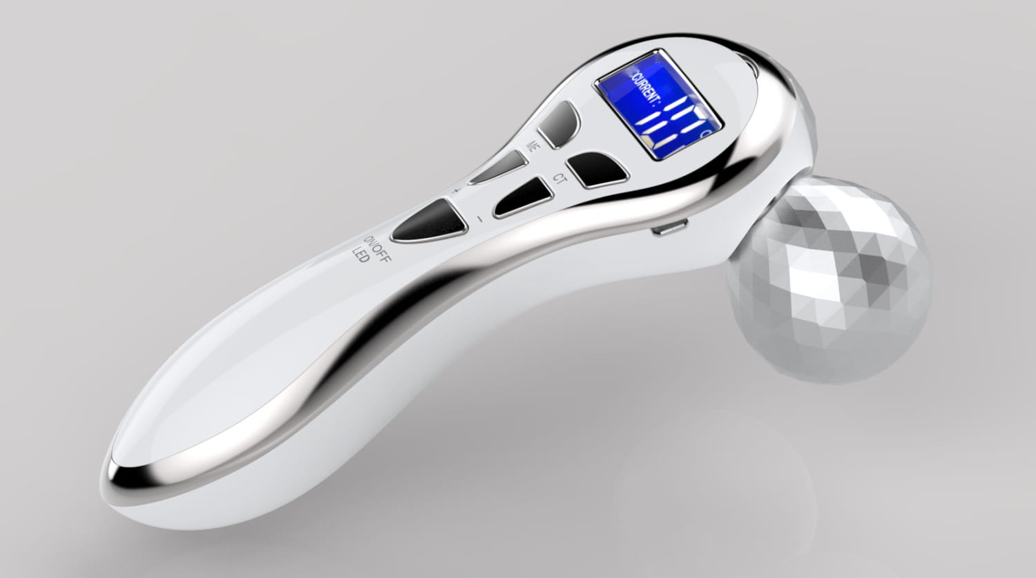 silver-toned 3-head digital firming beauty massager with a faceted crystal ball head and digital display panel for facial use