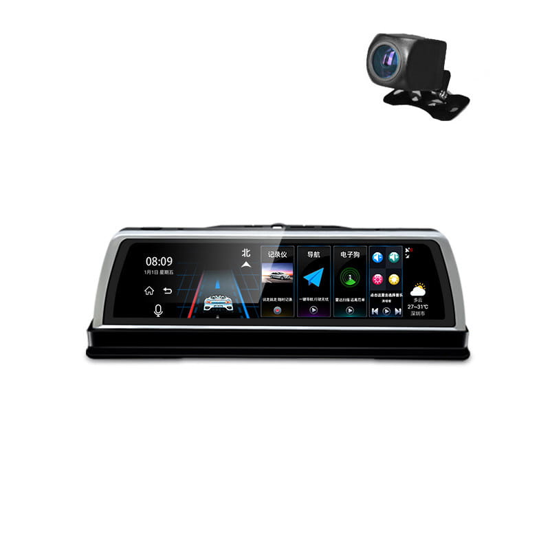 Black and silver road detective k500 center console streaming dash cam featuring a sleek touchscreen display with navigation media and climate controls.