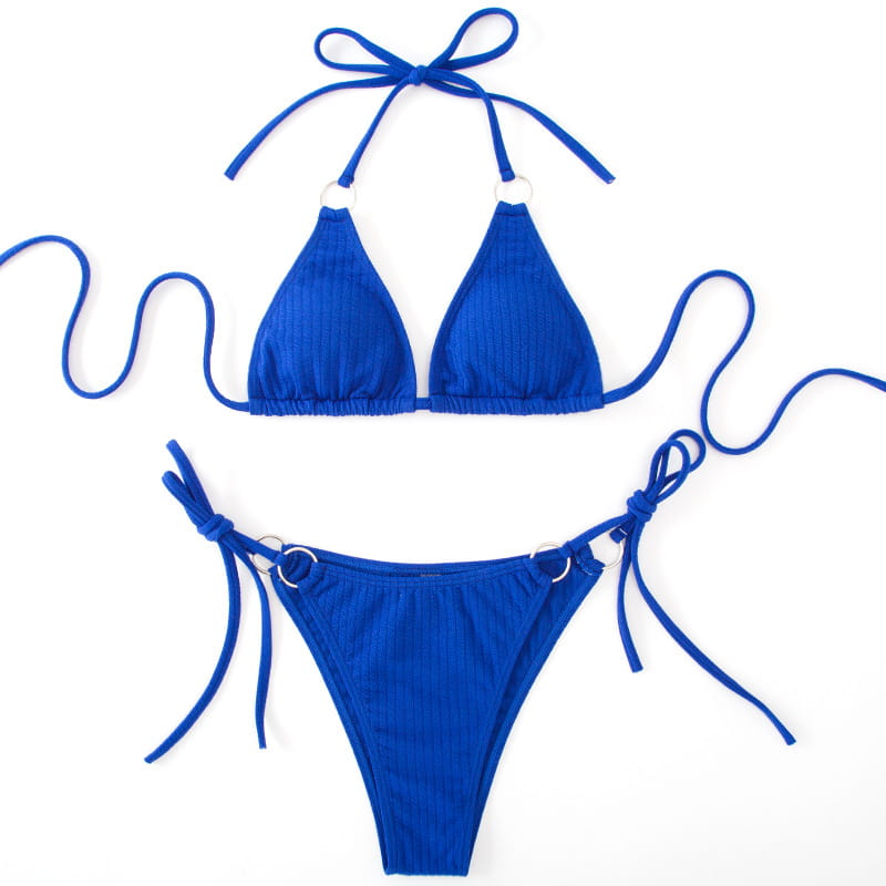 vibrant royal blue ribbed sexy bikini set with adjustable tie thong bandage side straps and silver-toned metal rings ideal for bikini set summer wear