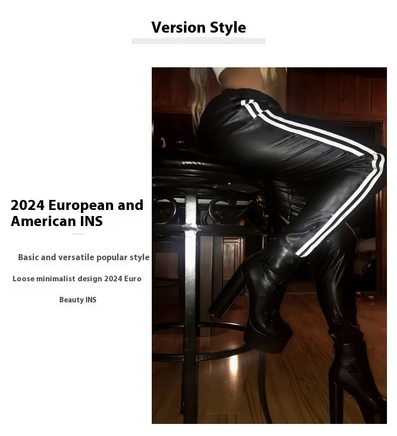 Black faux leather tight trousers with hip lifting design and two white stripes running down the sides, showcasing an american sexy tight style.