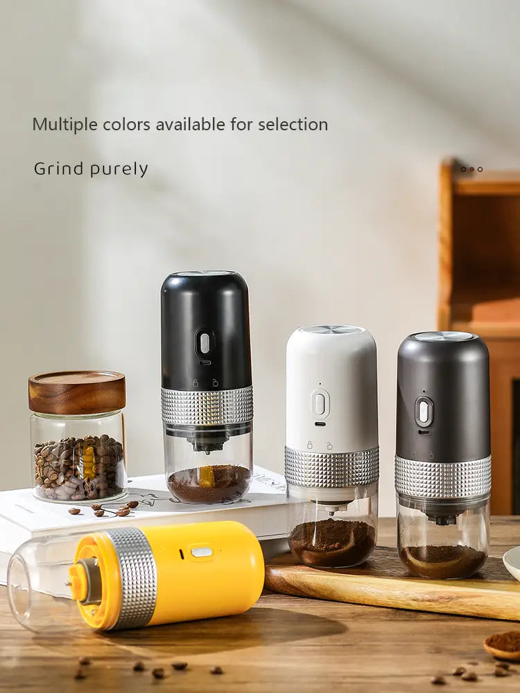 The image displays three sleek portable electric ceramic coffee grinders in black and white with metallic silver accents around the base featuring USB charging capability.