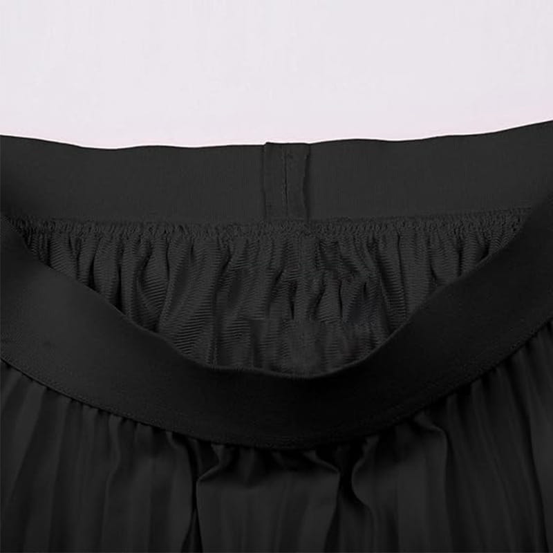 black elastic waistband with gathered fabric and smooth wide band on light blue pleated large swing casual skirt