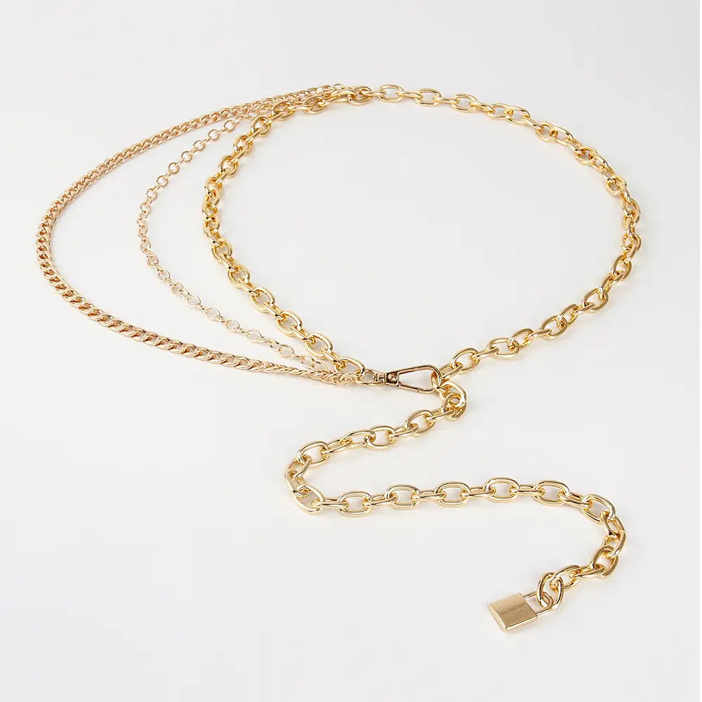 Gold-toned chain belt with layered design featuring three distinct link styles and a matching padlock clasp designed as summer body jewelry and jewelry hip hop accessory for body jewelry hip.