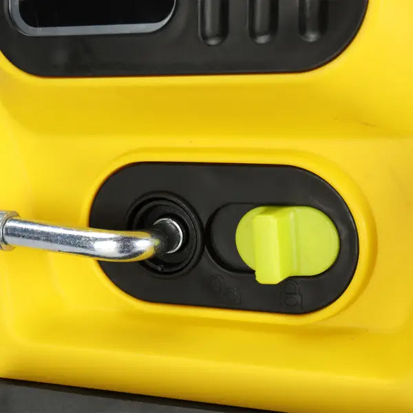 Yellow high pressure cleaning machine featuring a bright yellow portable generator with a black control panel, lime green ignition switch, silver metal fuel cap, and hose reel for efficient pressure cleaning.