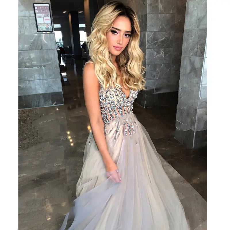 diamond grey banquet evening dress featuring a shimmering silver beaded bodice and flowing tulle skirt ideal for grey banquet party occasions