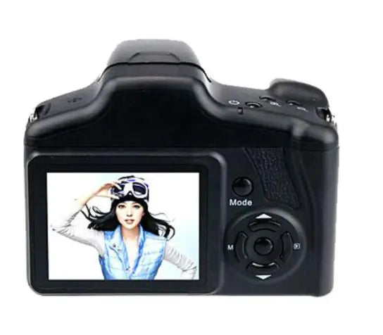 black dslr digital camera showing back side with small lcd screen displaying an illustration of a woman wearing goggles from royale essence lux digital camera featuring advanced zoom factor.