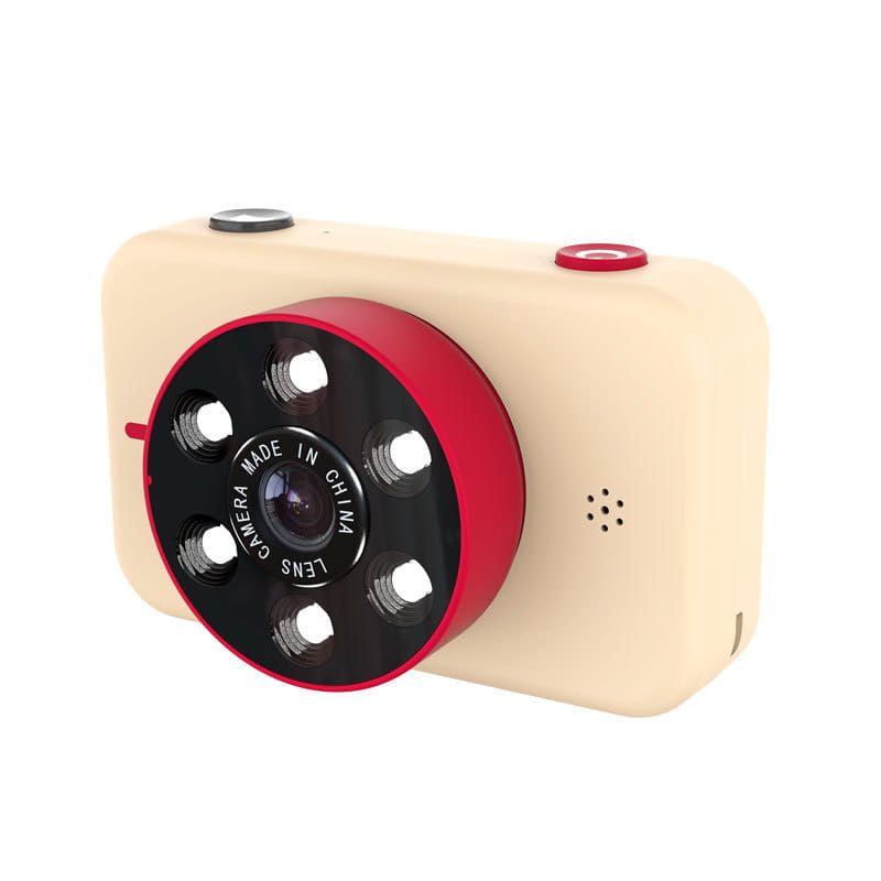 Cream-colored digital mini camera for children with a bold red circular lens assembly featuring six led lights and black text indicating camera lens made in China.