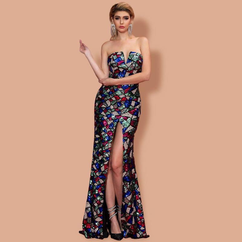 A dazzling women sexy strapless evening gown featuring a vibrant mosaic of red blue green and silver shoulder sequin embellishments.