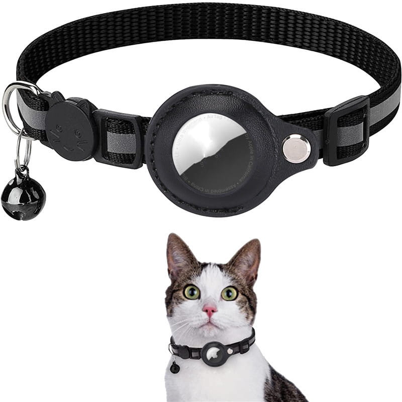 black reflective collar waterproof holder case with a circular leather-like pouch housing an apple airtag, adjustable buckle, and small bell charm