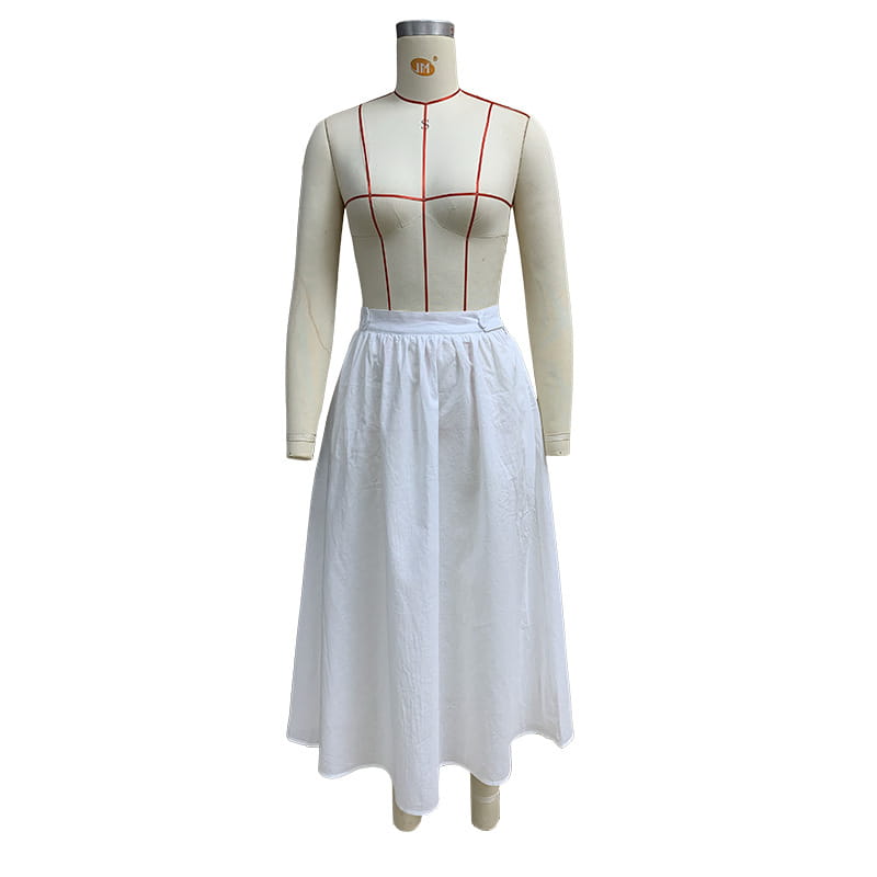 White cotton linen slimming large hem midi skirt with gathered waist and subtle pleats displayed on a mannequin