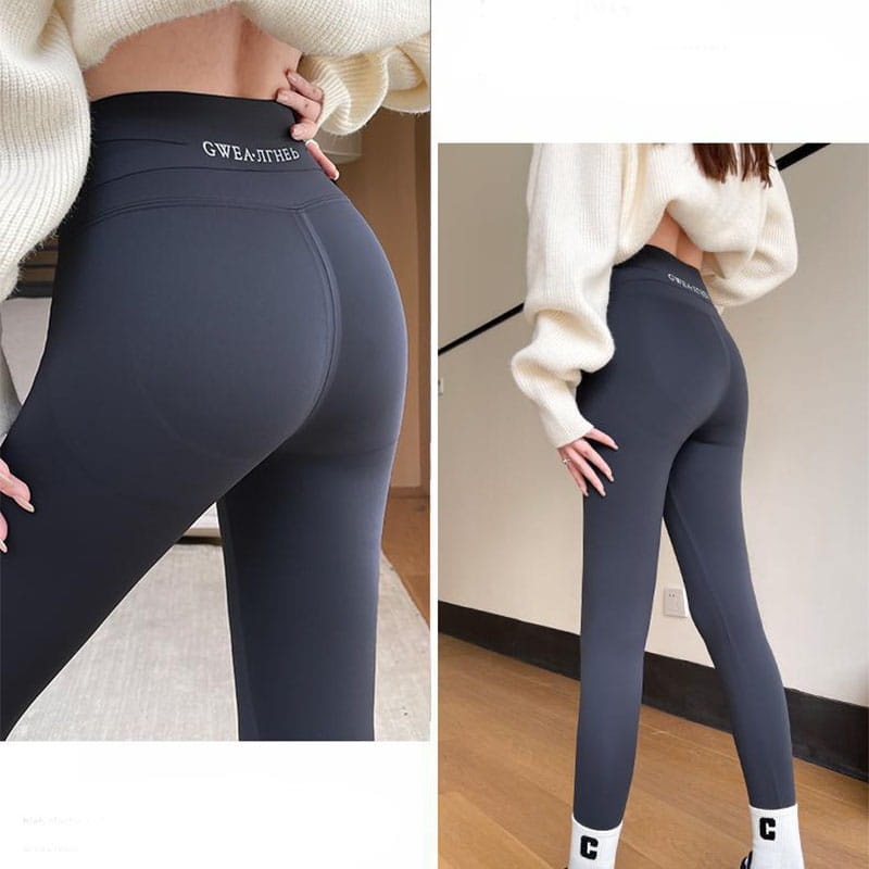 dark gray fleece thickened winter shark pants high waist leggings with a snug fit and subtle branding on the waistband