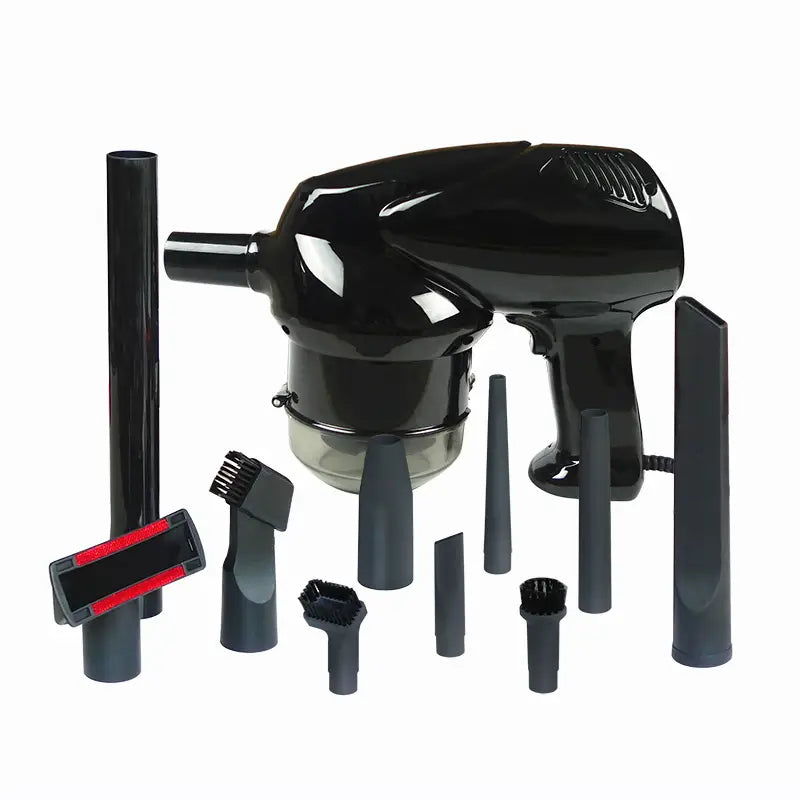 black handheld vacuum cleaner with a glossy finish and various attachments including a red brush head designed for automobile household dry wet cleaning.