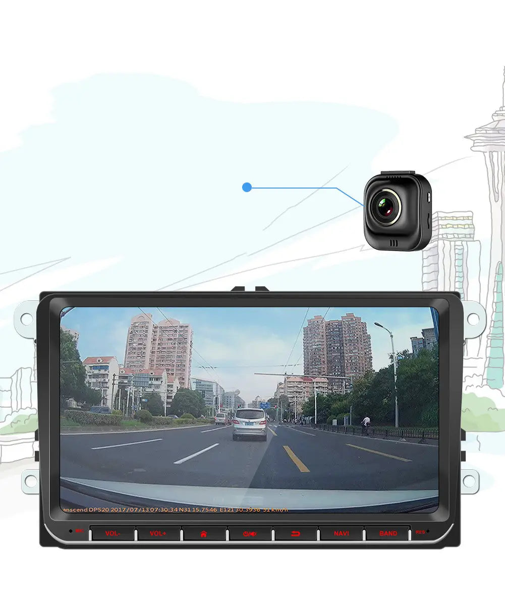 black compact dashcam mounted above car white variable case infotainment screen displaying city street view for android GPS navigation with variable case mp5