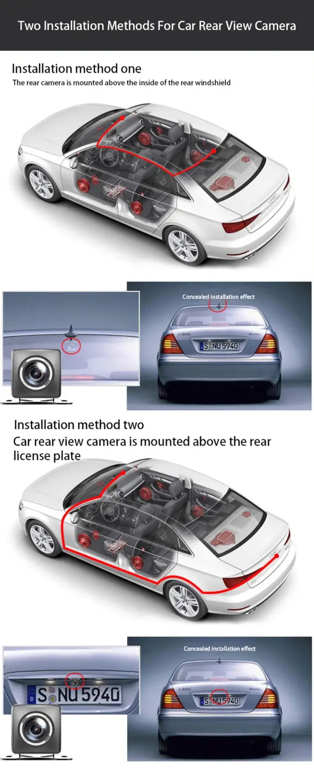 Rear view of a white night vision lipstick machine rear dual lens dash cam with black lens and silver housing designed for discreet mounting above the windshield or license plate.