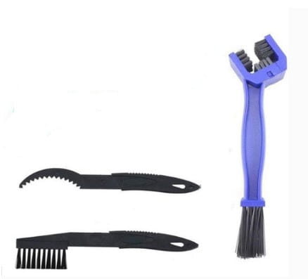 Blue plastic bicycle cleaning tool with large bristle black bristles and a curved handle from the blue bicycle cleaning tool set