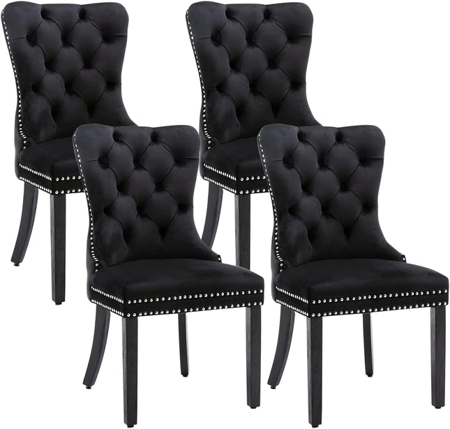 Eifizek Velvet Dining Chairs Set of 4 Tufted Dining Room Chairs with Nailhead Ring Pull Trim Upholstered Dining Chairs with Solid Wood Legs for Kitchen Dining Room (Black) - Royalessencelux
