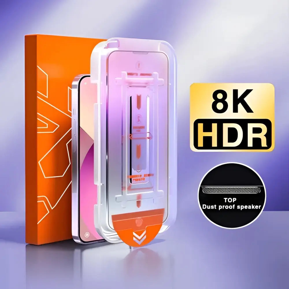 Transparent protective case with orange accents showing internal speaker design and 8k hdr display for iphone’s screen with 2pc 8k oleophobic privacy protectors