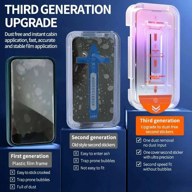 Third generation dust-free second sticker with transparent plastic frame and orange accent for 2pc 8k oleophobic iphone screen protector
