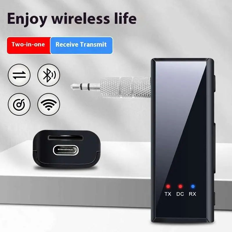 Black 3.5mm bluetooth adapter car audio transmitter with sleek rectangular design and three indicator lights tx dc rx