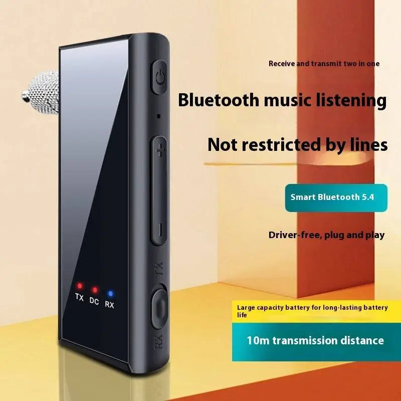 Black rectangular 3.5mm bluetooth adapter car audio transmitter with metallic silver aux jack and three indicator lights