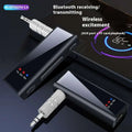 Black 5mm bluetooth adapter car audio transmitter with silver connectors and red blue led indicators for tx dc rx status