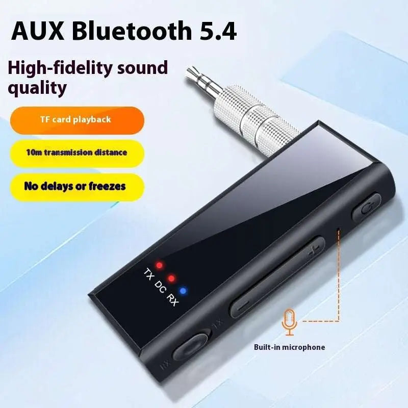 Black rectangular 3.5mm bluetooth adapter car audio transmitter with metallic silver aux jack and three indicator lights