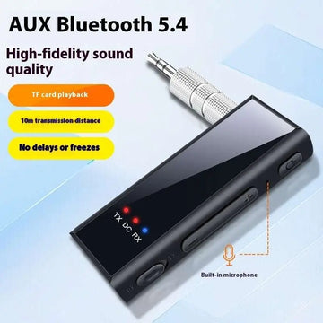 Black rectangular 3.5mm bluetooth adapter car audio transmitter with metallic silver aux jack and three indicator lights