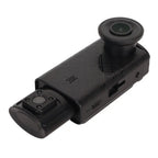 Black 3 channel dash cam with dual cameras textured grip usb-c port and rear cabin view for synchronized video recording