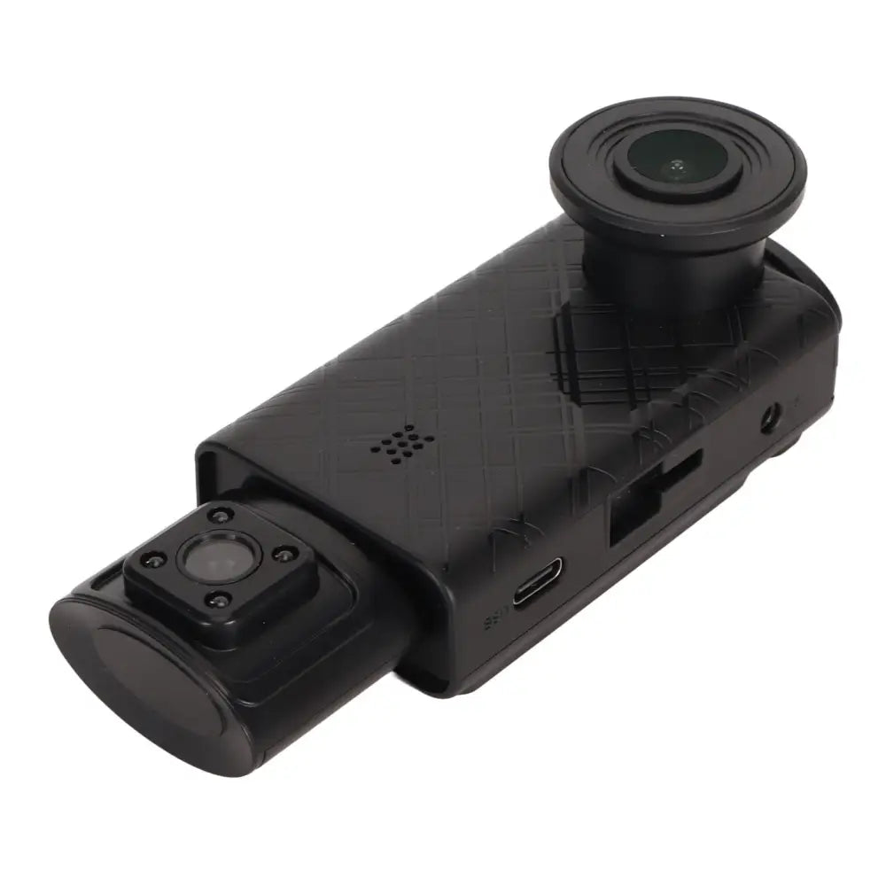Black 3 channel dash cam with dual cameras textured grip usb-c port and rear cabin view for synchronized video recording