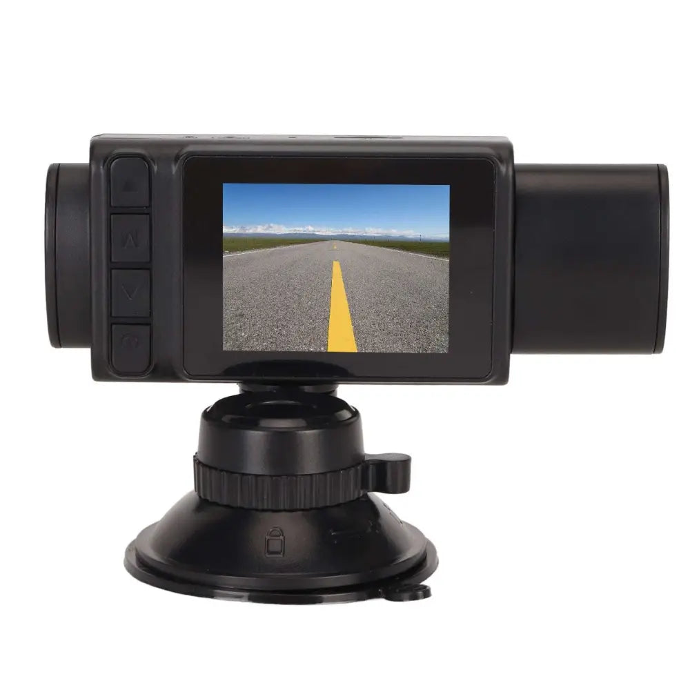 Black 3 channel dash cam with small screen showing road view mounted on suction cup base featuring rear cabin view and synchronized video recording