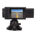 Black 3 channel dash cam with small screen displaying road scene rear cabin view and synchronized video recording buttons