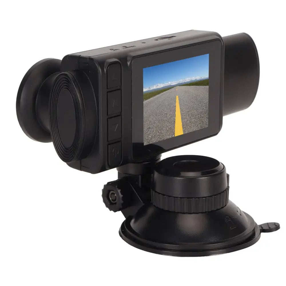 Black 3 channel dash cam with night vision and rear cabin view mounted on suction cup showing synchronized video recording of road scene