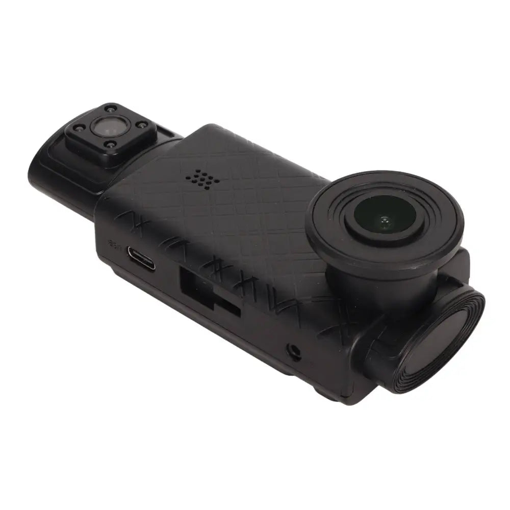 Black plastic 3 channel dash cam with textured grip dual camera lenses rear cabin view and synchronized video recording