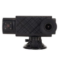Black rugged 3 channel dash cam with diamond-patterned grip dual lenses rear cabin view and synchronized video recording