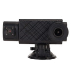 Black rugged 3 channel dash cam with diamond-patterned grip dual lenses rear cabin view and synchronized video recording