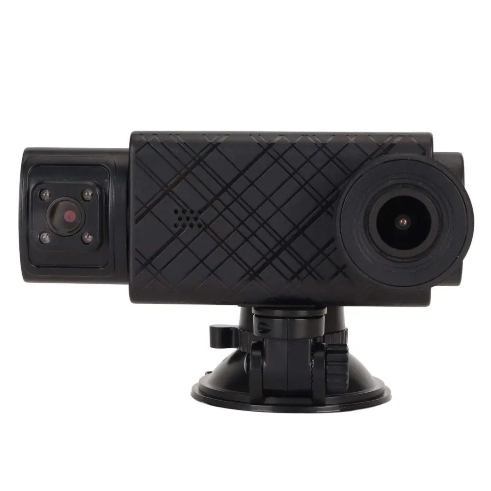 Black rugged 3 channel dash cam with diamond-patterned grip dual lenses rear cabin view and synchronized video recording