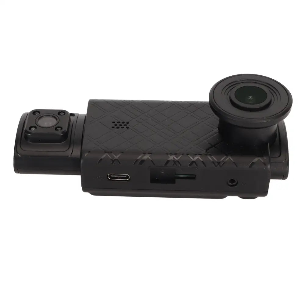 Black 3 channel dash cam with textured grip and prominent right lens for rear cabin view and synchronized video recording