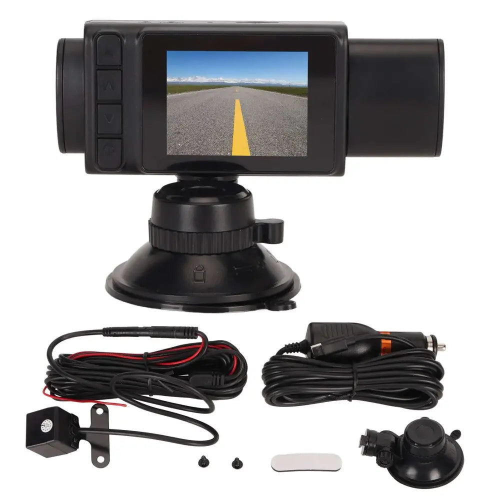 Black 3 channel dash cam with small screen showing road view mounted on suction cup base featuring rear cabin view and synchronized video recording