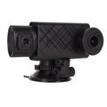 Black textured diamond-patterned 3 channel dash cam with rear cabin view and suction cup mount for synchronized video recording