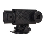 Black textured diamond-patterned 3 channel dash cam with rear cabin view and suction cup mount for synchronized video recording