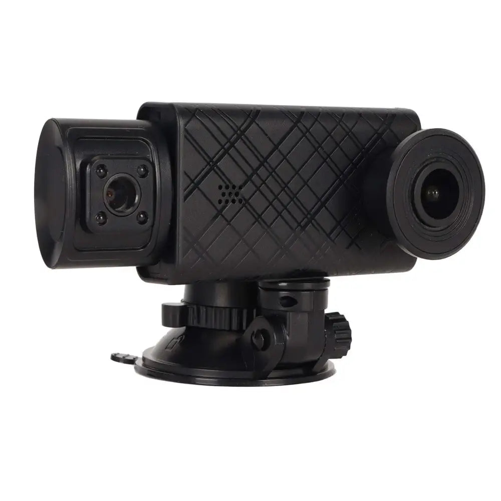 Black textured diamond-patterned 3 channel dash cam with rear cabin view and suction cup mount for synchronized video recording