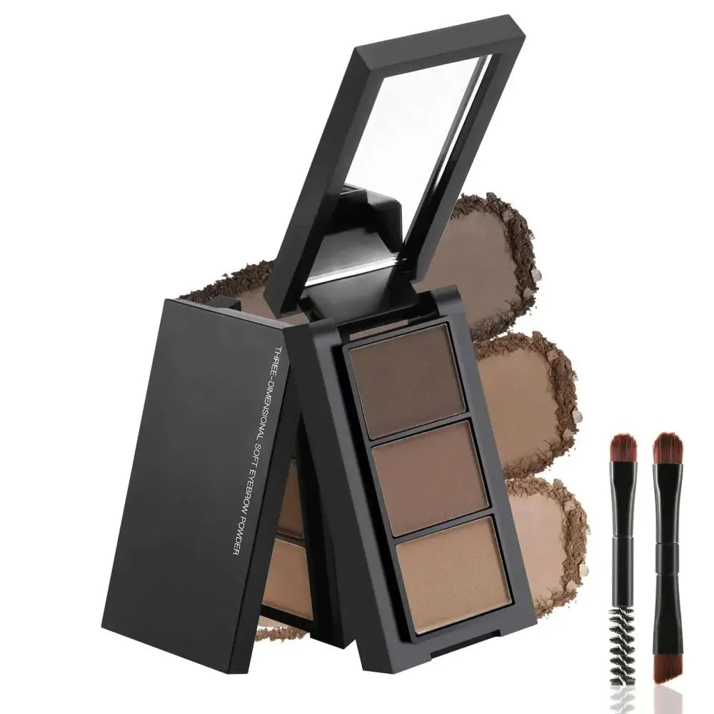 Black rectangular eyebrow makeup kit with 3 shades of sweat resistant brown eyebrow powder and two black-handled brushes
