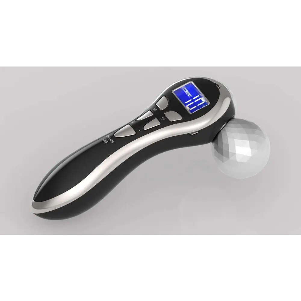 Black and silver 3-head digital firming beauty massager with faceted spherical head, digital display, and control buttons