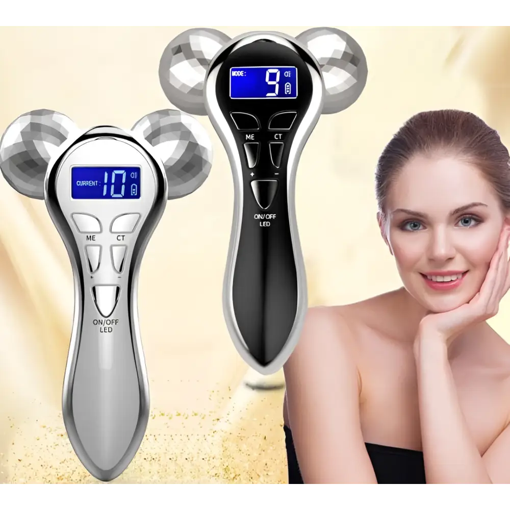 Silver and black 3-head digital firming beauty massager with three diamond-like spherical heads for effective firming beauty