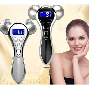 Silver and black 3-head digital firming beauty massager with three diamond-like spherical heads for effective firming beauty