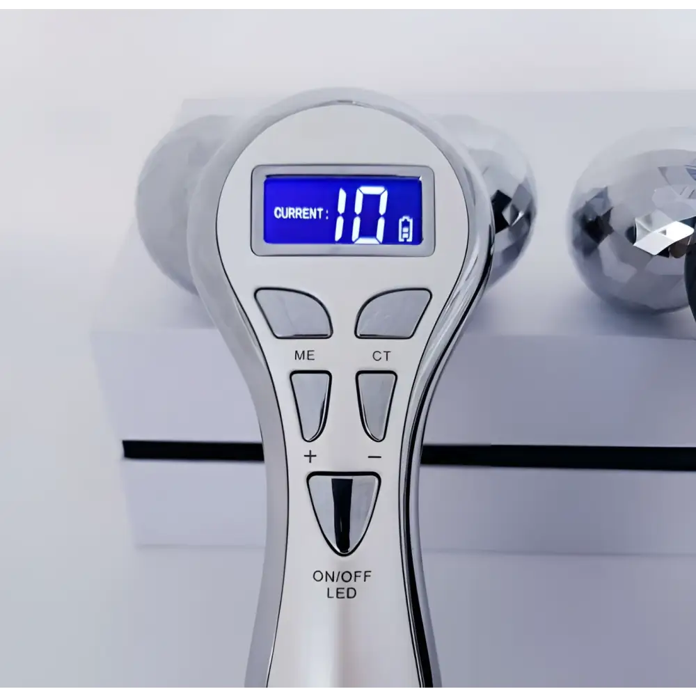 Silver-toned 3-head digital firming beauty massager with digital display and four control buttons for effective firming beauty