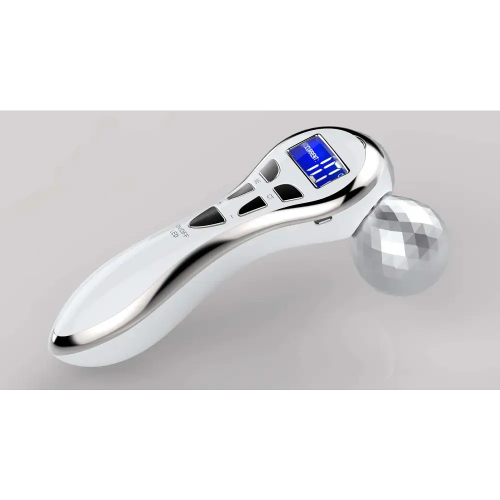 Silver and black 3-head digital firming beauty massager with three diamond-like spherical heads for effective firming beauty