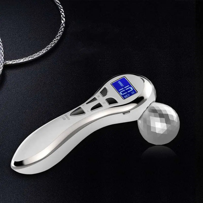 Silver-toned 3-head digital firming beauty massager with faceted crystal ball and digital display handle for effective firming beauty