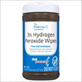 Brown plastic container with white lid and blue label from the pharma-c company for 3% hydrogen peroxide low lint sheets 40 count